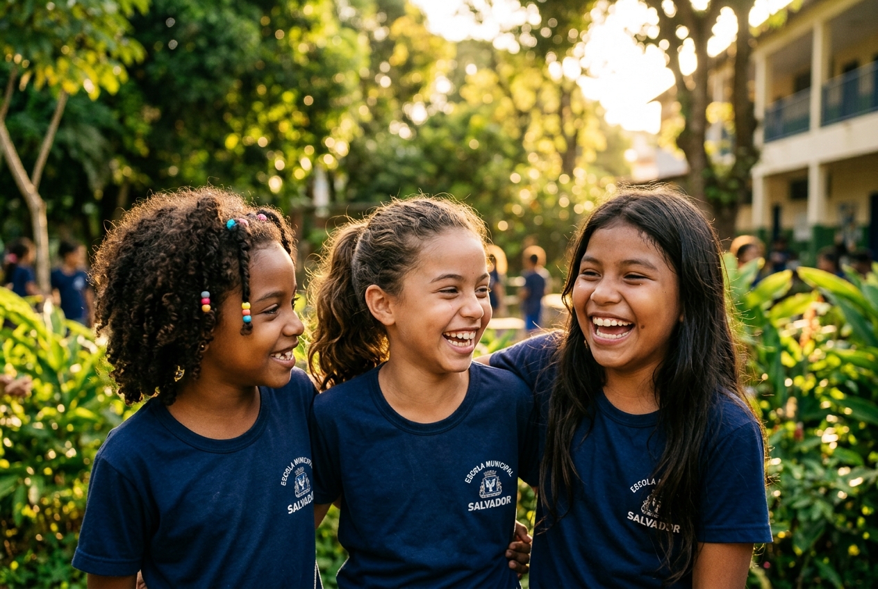 Três alunas sorrindo juntas no pátio
