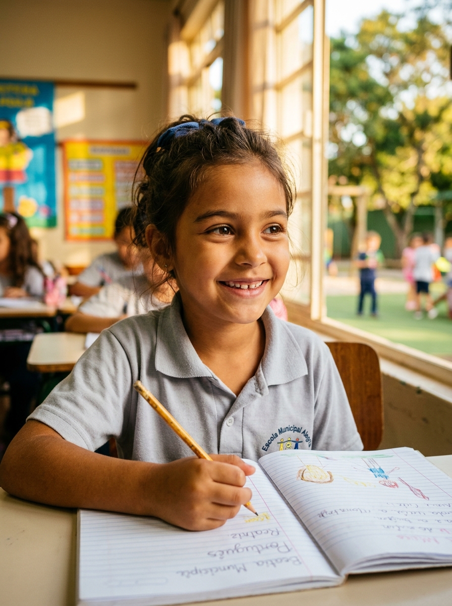 Aluna sorrindo estudando com caderno